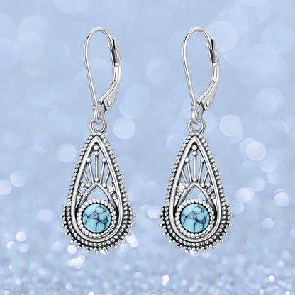 Bohemian Silver Plated Filigree Teardrop Turquoise Dangle Earrings