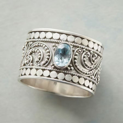 Vintage Ocean Blue Round Cubic Zirconia Wide Band Ring