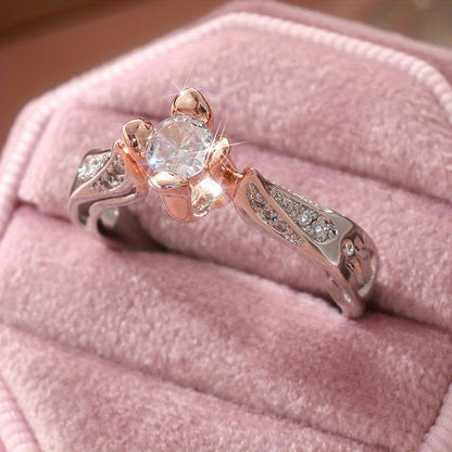 Elegant Silver Plated Zirconia Inlaid Two Tone Rose Flower Ring