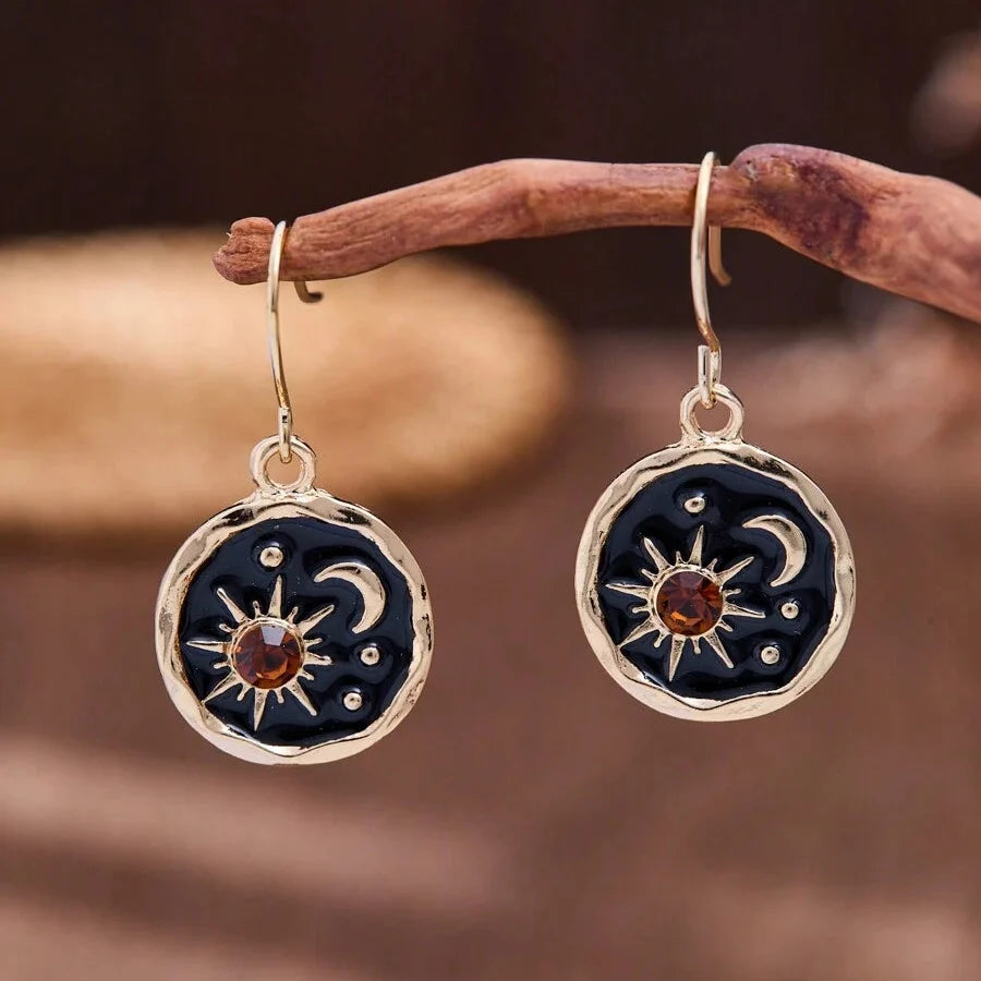 Vintage Round Sun Moon Star Rhinestone Earrings