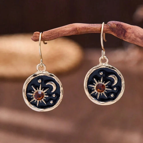 Vintage Round Sun Moon Star Rhinestone Earrings