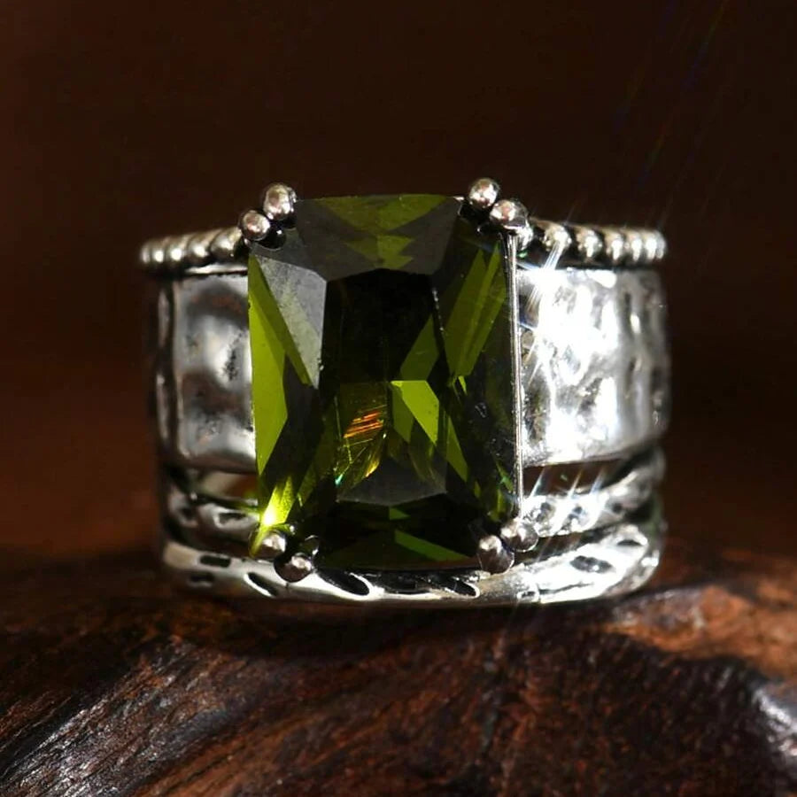 Vintage Bohemian Geometric Cut Zircon Silver Plated Ring