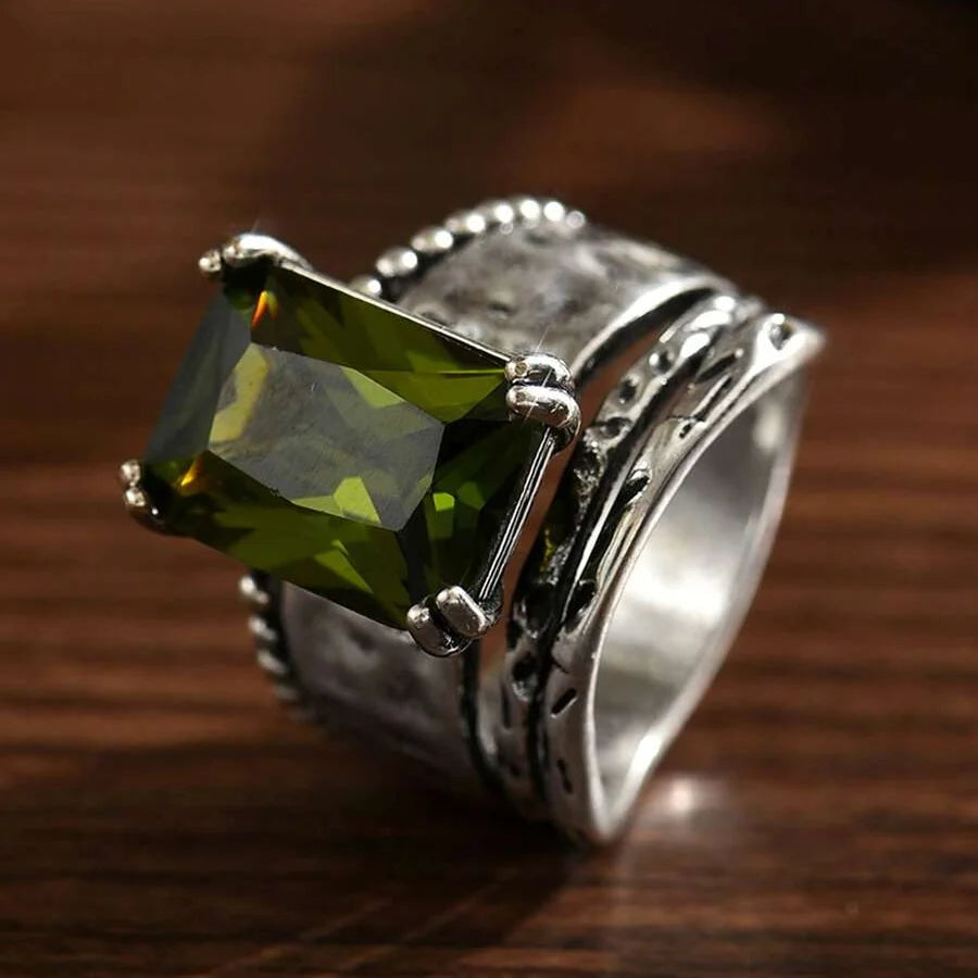 Vintage Bohemian Geometric Cut Zircon Silver Plated Ring