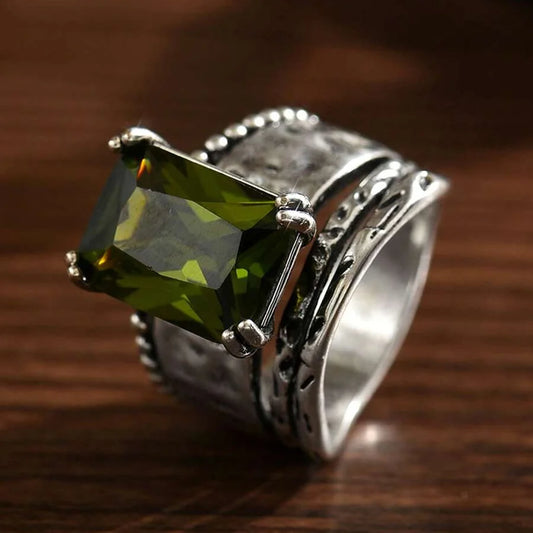 Vintage Bohemian Geometric Cut Zircon Silver Plated Ring