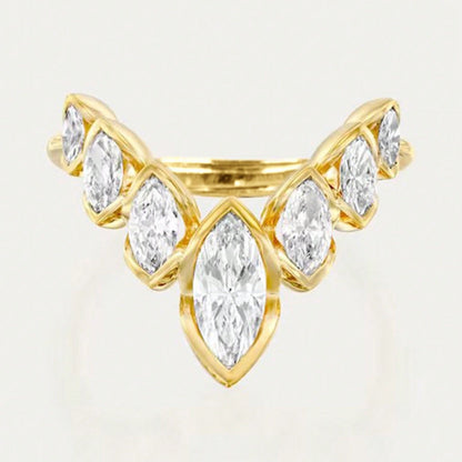 Geometric V-Shaped Gold Plated Zirconia Stone Flower Petal Ring