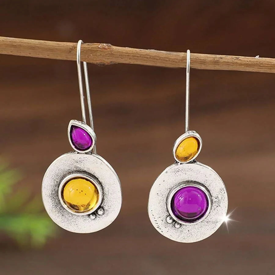 Vintage Purple Round Glass Pendant Asymmetric Earrings