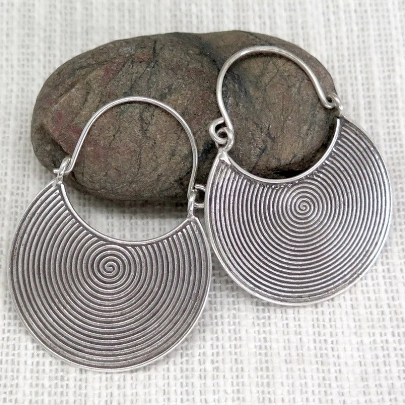 Bohemian Spiral Oxidized Dark Disc Silver Plated Earrings