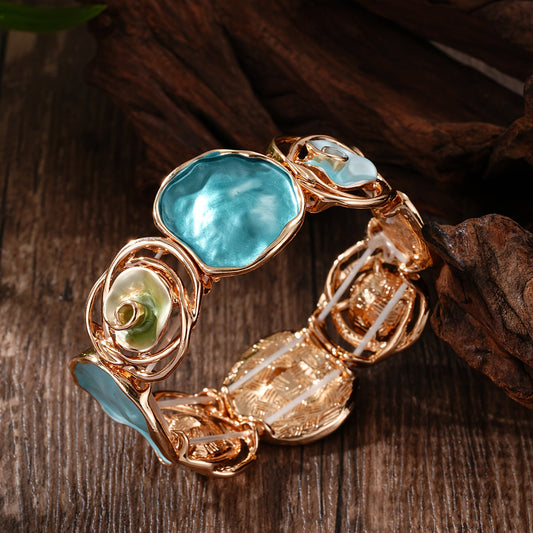 Bohemian Round Flower Geometric Design Cuff Elastic Bracelet