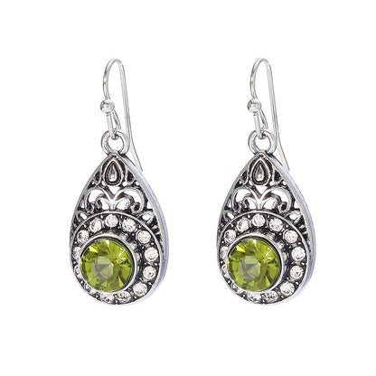 Retro Ethnic Style Water Droplet Green Zirconia Pendant Earrings
