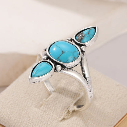 Bohemian Gold White Plated Drop Oval Turquoise Inlaid Ring