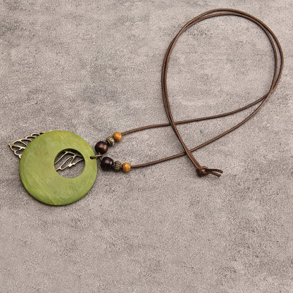 Bohemian Wax Rope Leaf Shaped Pendant Long Necklace