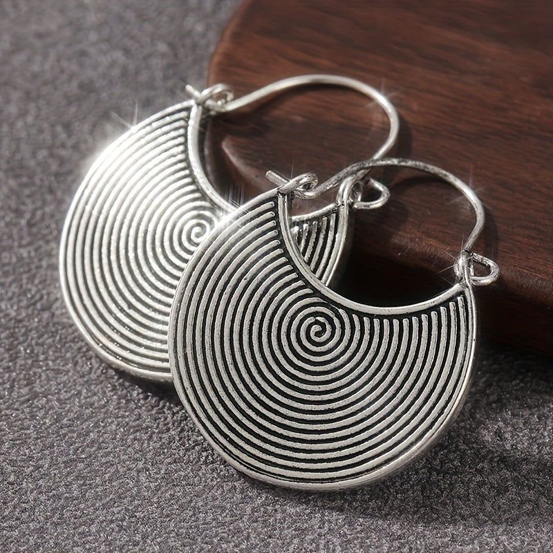 Bohemian Spiral Oxidized Dark Disc Silver Plated Earrings