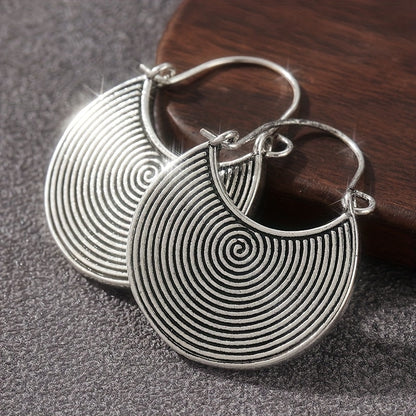 Bohemian Spiral Oxidized Dark Disc Silver Plated Earrings