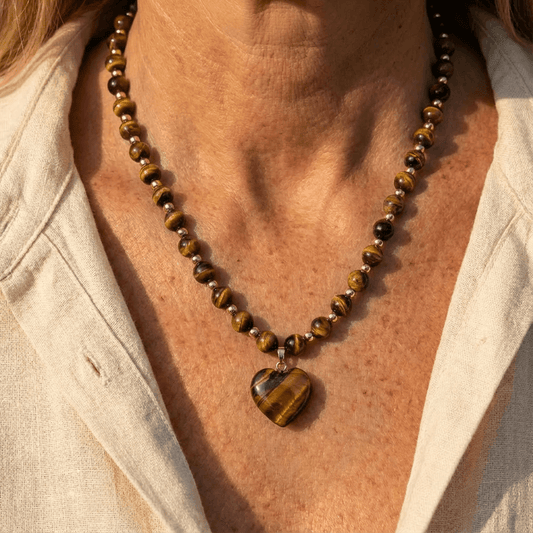 Elegant Tiger Eye Beaded Heart Pendant Necklace