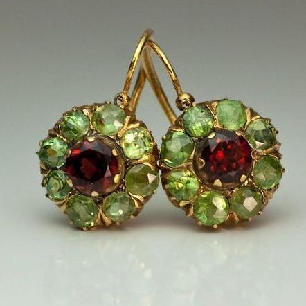 Vintage Floral Round Green & Red Crystal Earrings