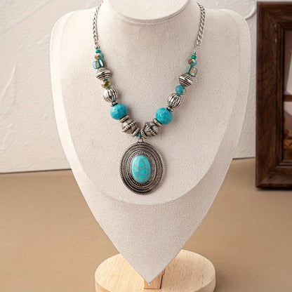 Bohemian Oval Turquoise Beaded Pendant Necklace