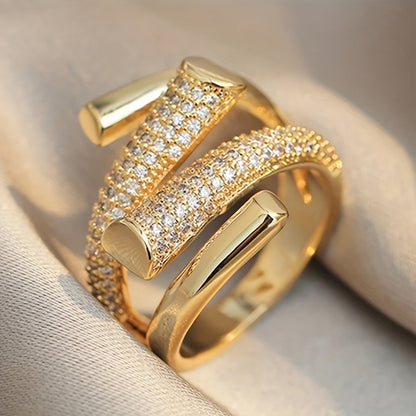 Classic Wide Gold Inlaid Zirconia Adjustable Open Band Ring