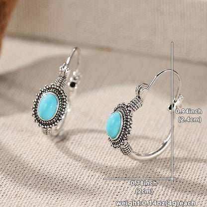 Vintage Ethnic Style Turquoise Oval Hoop Earrings