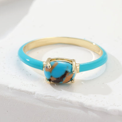 Vintage Enameled Geometric Oval Turquoise Gold Plated Ring