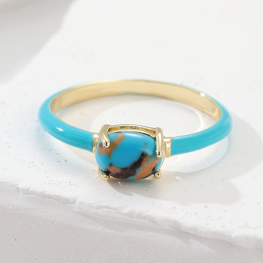 Vintage Enameled Geometric Oval Turquoise Gold Plated Ring