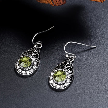 Retro Ethnic Style Water Droplet Green Zirconia Pendant Earrings