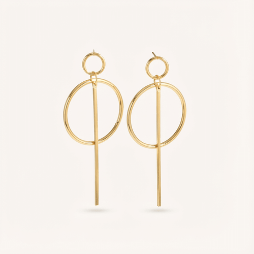 Modern Linear Style Gold Plated Circle Drop Earrings