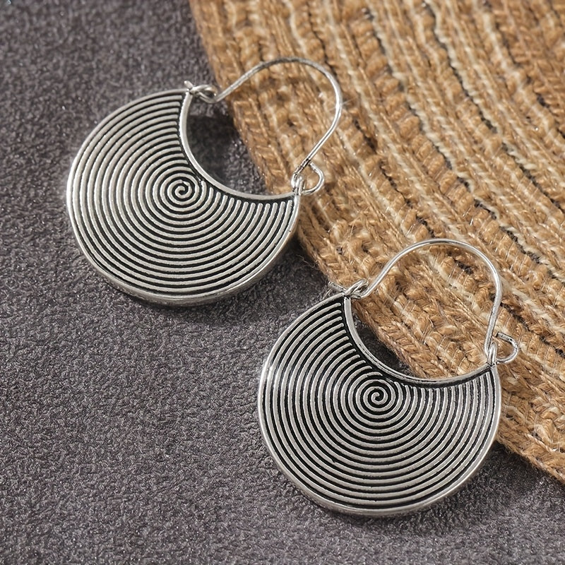 Bohemian Spiral Oxidized Dark Disc Silver Plated Earrings