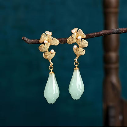 Gold Ginkgo Leaf Jade Teardrop Vintage Dangle Earrings