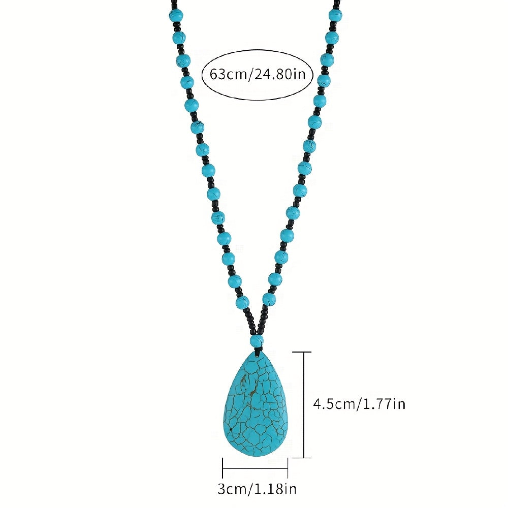 Bohemian Turquoise Beaded Large Teardrop Pendant Necklace