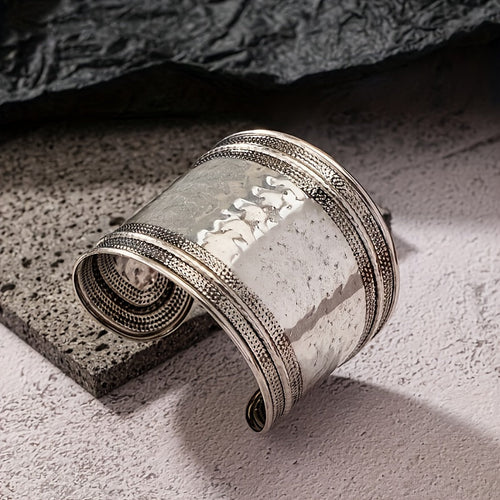 Vintage Boho Hammered Silver Plated Wide Cuff Bracelet