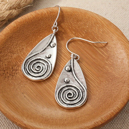 Vintage Spiral Teardrop Primitive Sun Silver Plated Earrings