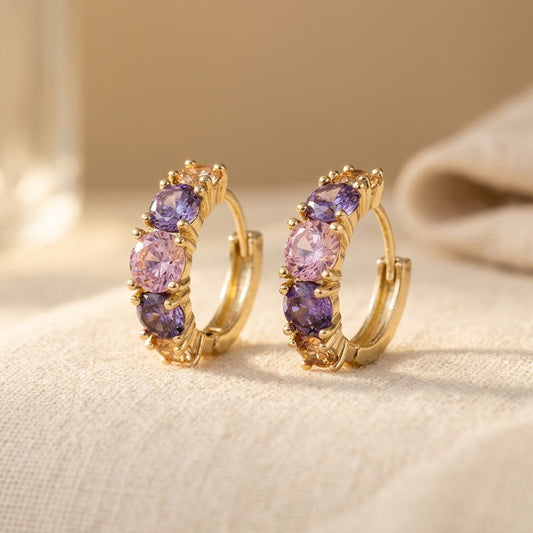 Luxury Pink Purple Cubic Zirconia Gold Hoop Earrings