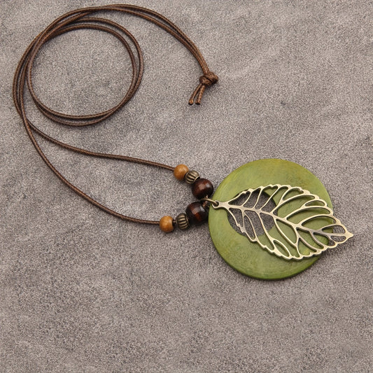 Bohemian Wax Rope Leaf Shaped Pendant Long Necklace