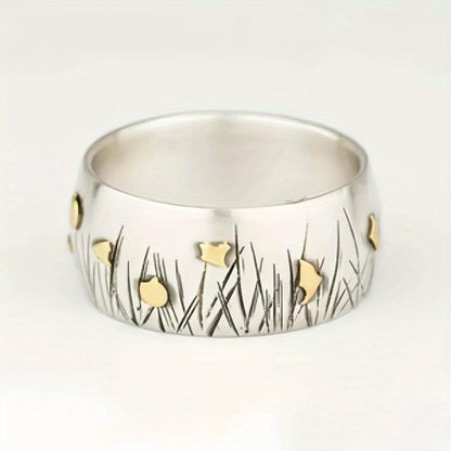 Retro Ethnic Style Flower and Grass Two-Tone Ring