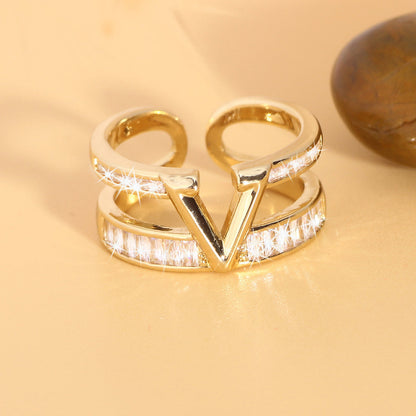 Elegant V-Design Open Zirconia Adjustable Double Ring
