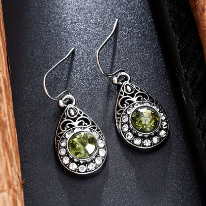 Retro Ethnic Style Water Droplet Green Zirconia Pendant Earrings