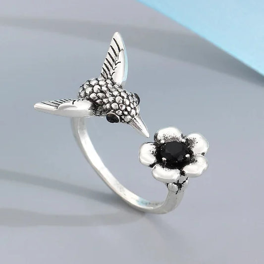 Vintage Adjustable Silver Plated Hummingbird & Flower Open Ring