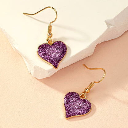 Elegant Purple Glitter Heart Dangle Earrings