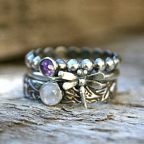 Vintage Handmade Dragonfly Purple Zirconia Ring