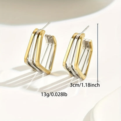 Casual Style Stainless Steel Two-Tone Square Hoop Earrings