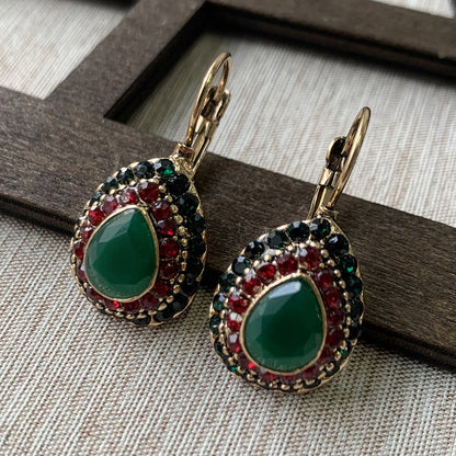Vintage Turquoise Rhinestone Teardrop Resin Earrings