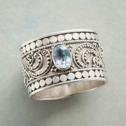 Vintage Ocean Blue Round Cubic Zirconia Wide Band Ring
