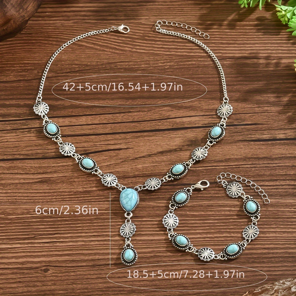 Bohemian Turquoise & Silver Floral Necklace and Bracelet Set