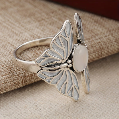Elegant Silver Plated Butterfly Oval Moonstone Ring