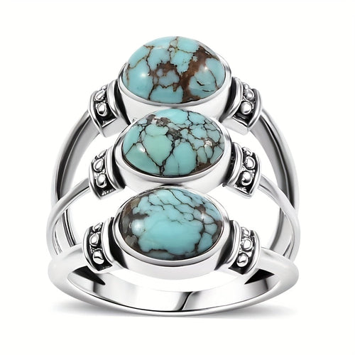 Vintage Boho Style Triple Turquoise Silver Ring