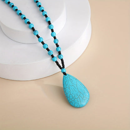 Bohemian Turquoise Beaded Large Teardrop Pendant Necklace