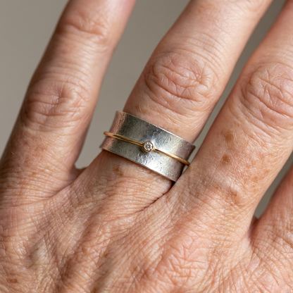 Minimalist Silver Band with Gold Diamond Accent Ring