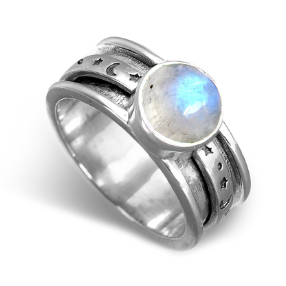 Celestial Stars Moon and Moonstone Fidget Silver Ring