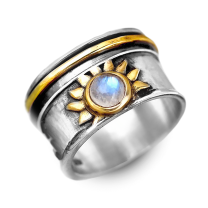 Elegant Celestial Sun Moonstone Fidget Silver Ring