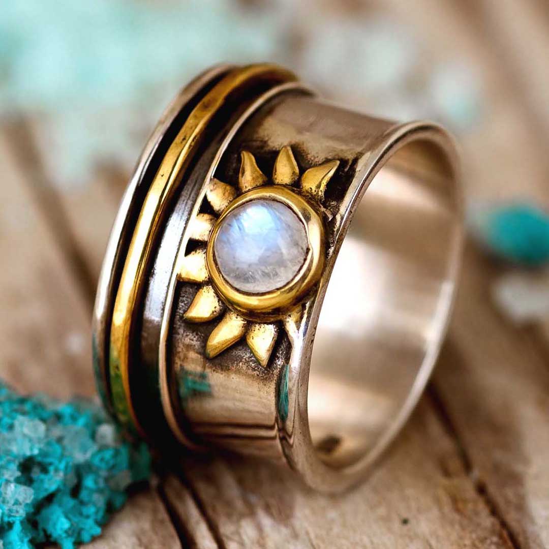 Elegant Celestial Sun Moonstone Fidget Silver Ring